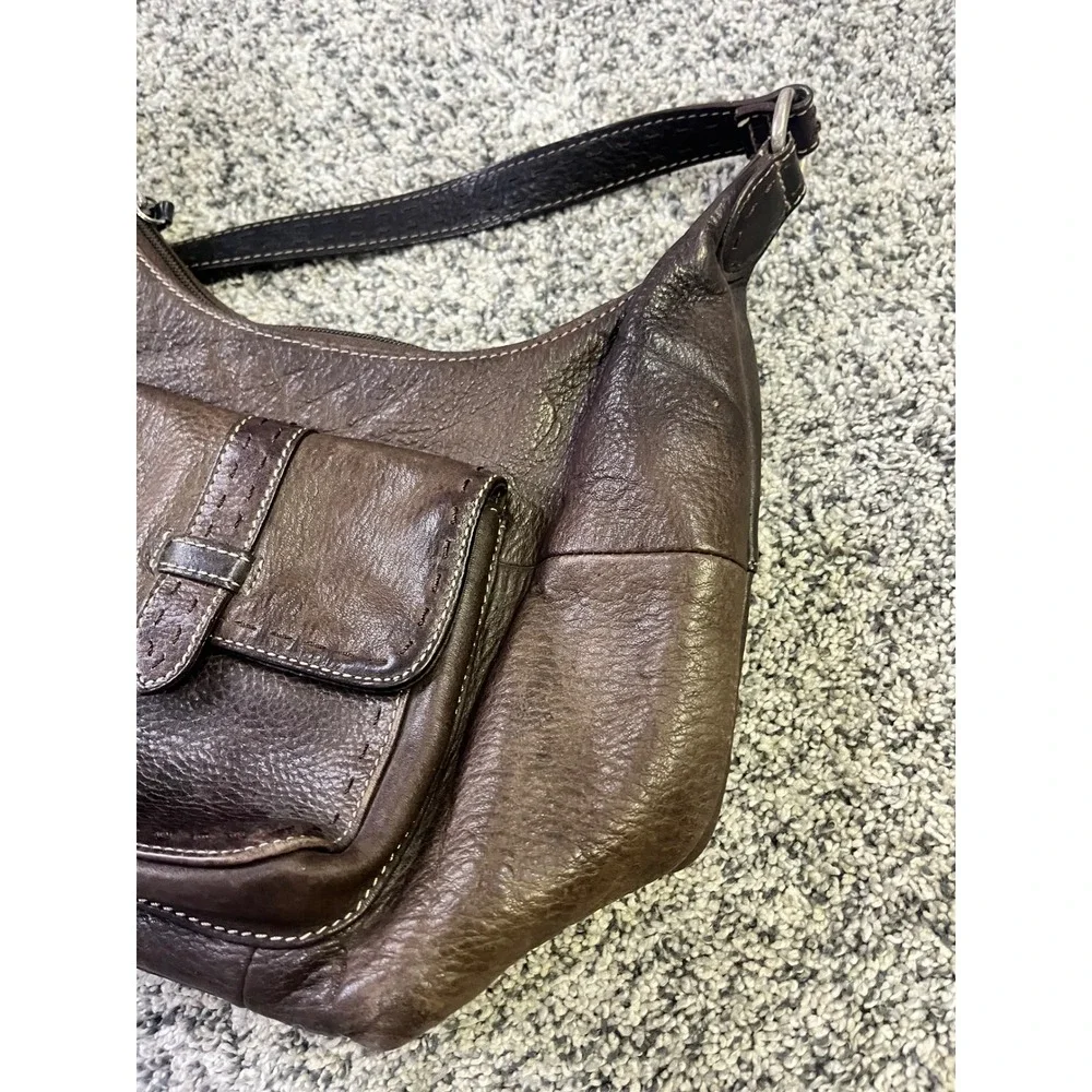 Fossil Brown Leather Shoulder Bag Hobo Y2K Front Pocket Contrast Stitch Zip Top